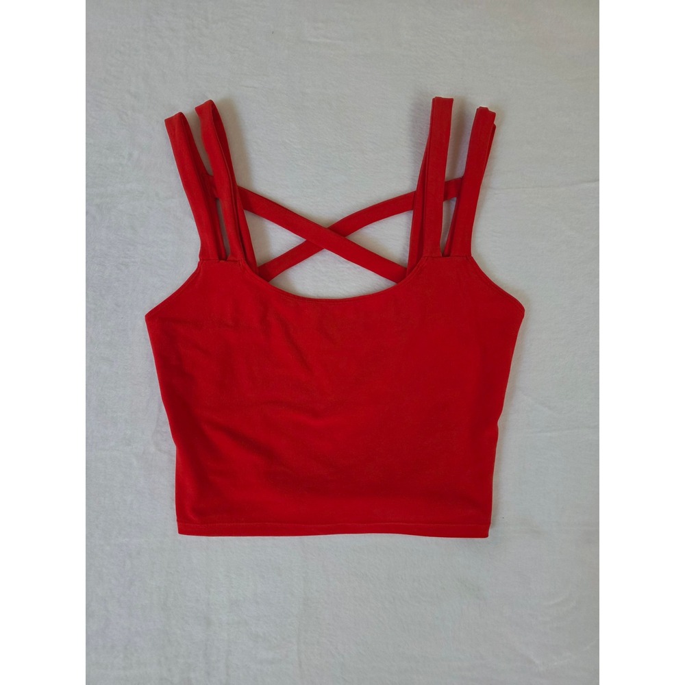 Wolven Crop Top Strappy Cross Front Medium Red Festival‎ Yoga Athleisure